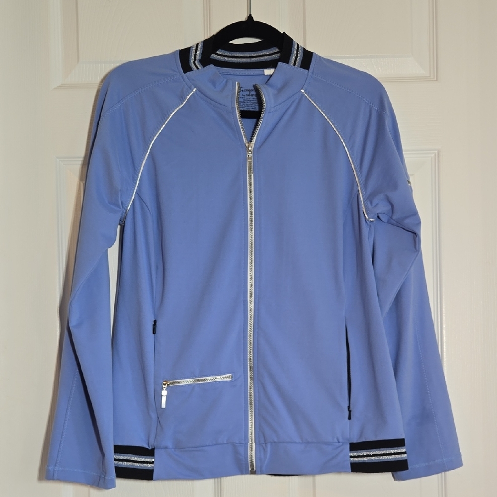 Tranquility By Soma Periwinkle Zip-Front Bomber Jacket Silver & Navy Trim Medium